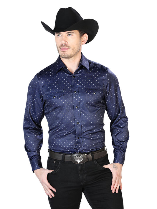 Long Sleeve Denim Shirt with Brooches Printed Navy / White Points for Men 'The Lord of the Skies' - ID: 43965