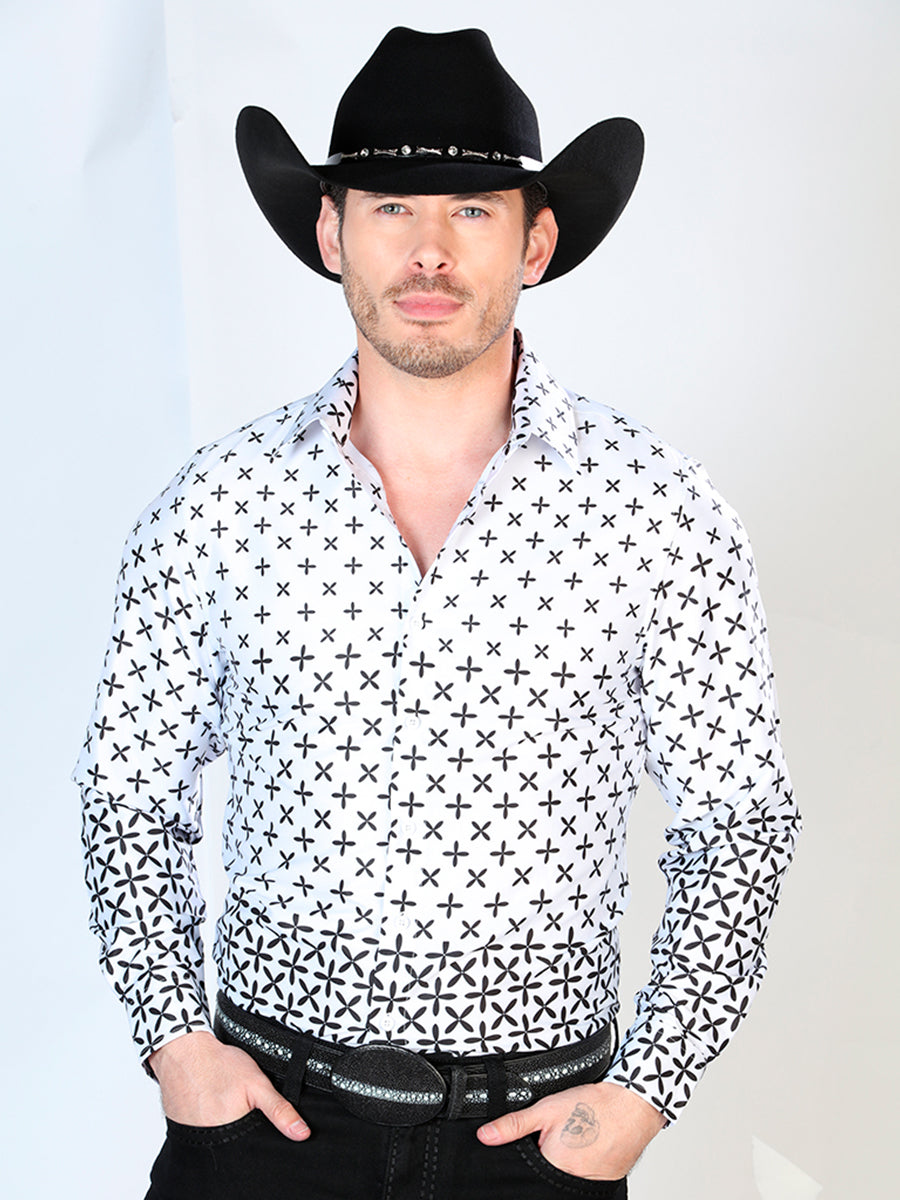 White Printed Long Sleeve Denim Shirt for Men 'The Lord of the Skies' - ID: 43987