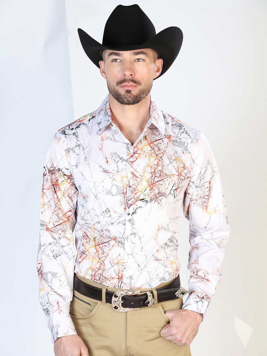 White Printed Long Sleeve Denim Shirt for Men 'The Lord of the Skies' - ID: 43993