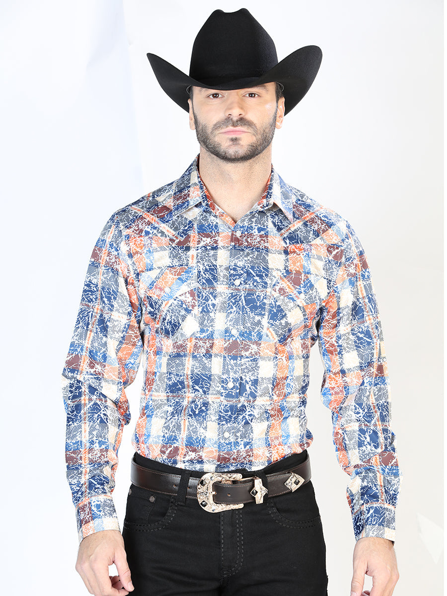 Blue/Orange Plaid Printed Long Sleeve Denim Shirt with Brooches for Men 'El Señor de los Cielos' - ID: 44063 Western Shirt El Señor de los Cielos Blue/Orange