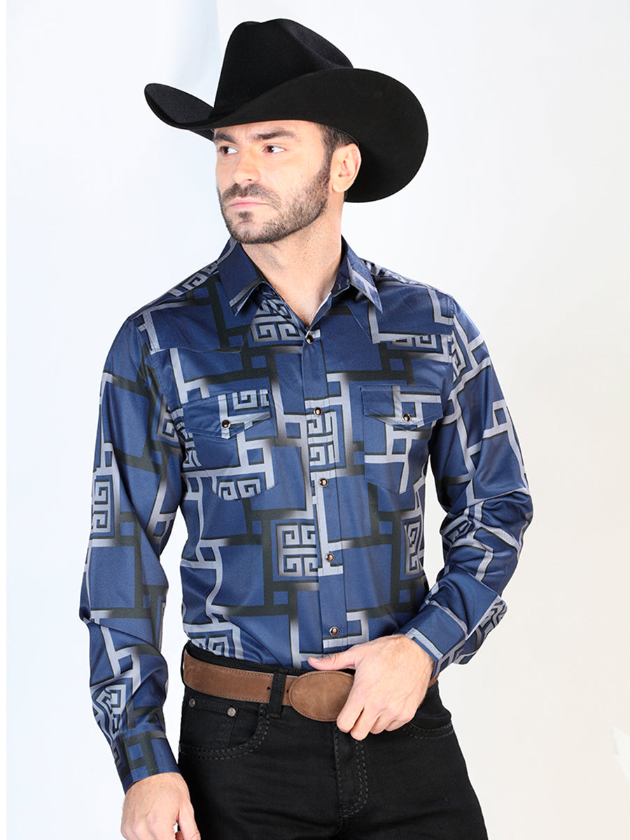 Long Sleeve Denim Shirt with Black Printed Brooches for Men 'The Lord of the Skies' - ID: 44065