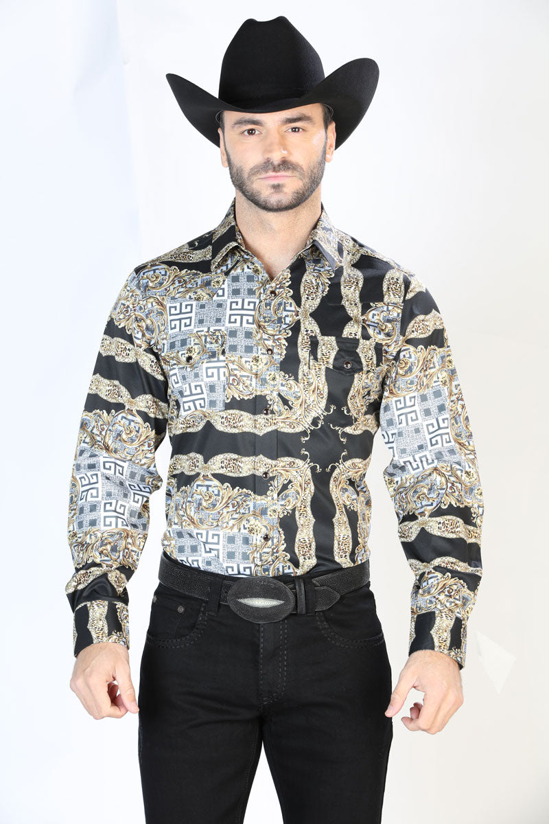 Long Sleeve Denim Shirt with Black / Gold Printed Brooches for Men 'The Lord of the Skies' - ID: 44070