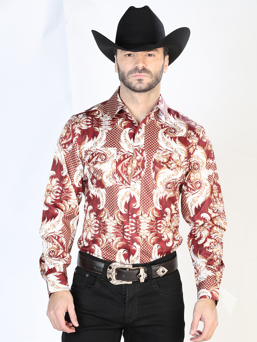 Long Sleeve Denim Shirt with Brooches Printed Burgandy / Gold for Men 'The Lord of the Skies' - ID: 44071