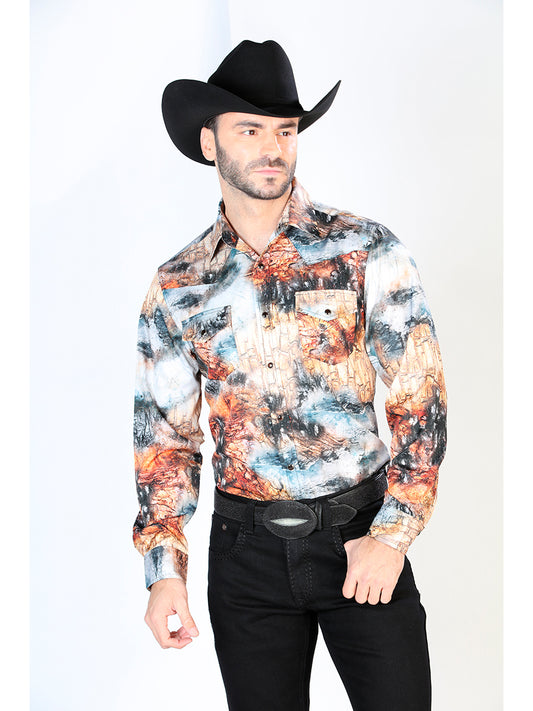 Long Sleeve Denim Shirt with Yellow / Black Printed Brooches for Men 'The Lord of the Skies' - ID: 44079