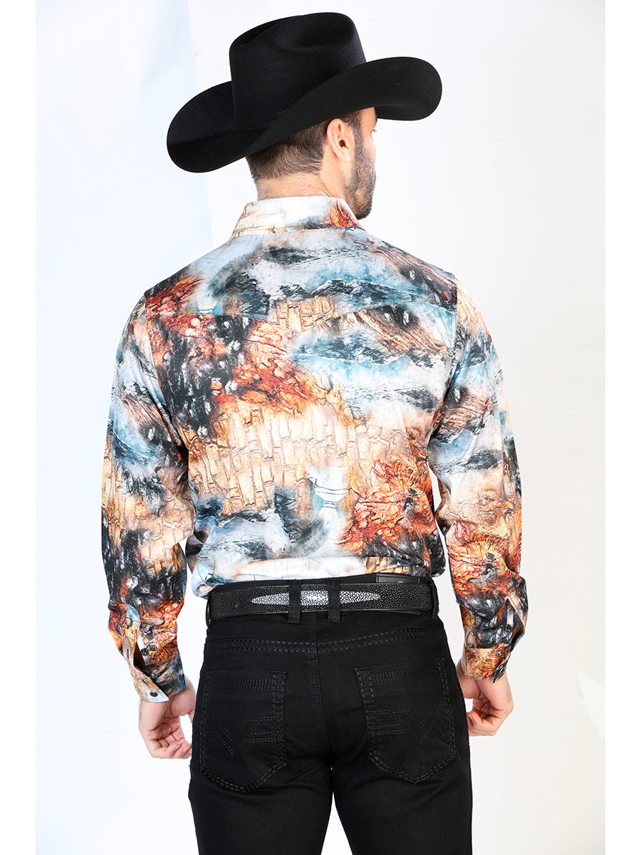 Long Sleeve Denim Shirt with Yellow / Black Printed Brooches for Men 'The Lord of the Skies' - ID: 44079
