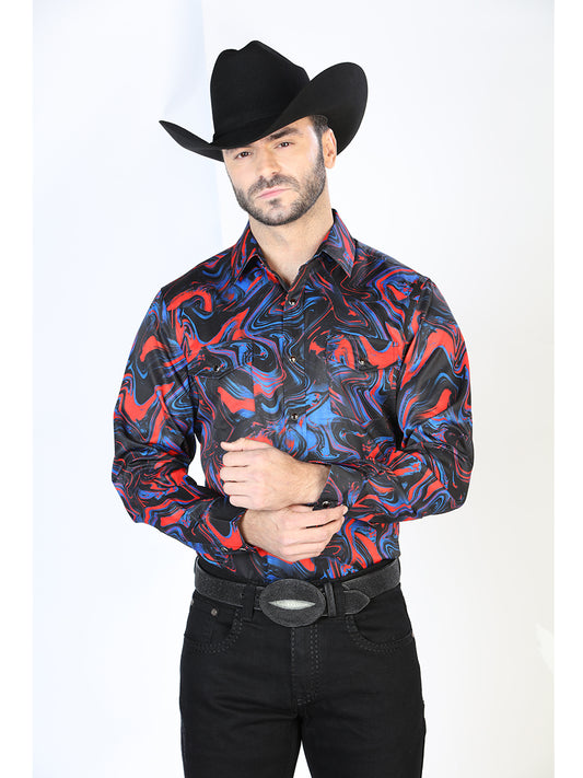 Blue/Red Printed Long Sleeve Denim Shirt with Brooches for Men 'El Señor de los Cielos' - ID: 44080 Western Shirt El Señor de los Cielos Blue/Red