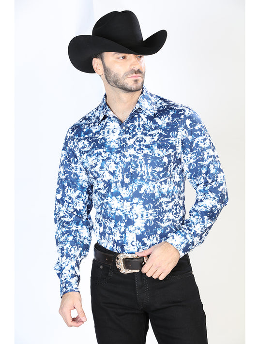 Camisa Vaquera Manga Larga de Broches Estampada Azul/Blanco para Hombre 'El Señor de los Cielos' - ID: 44091