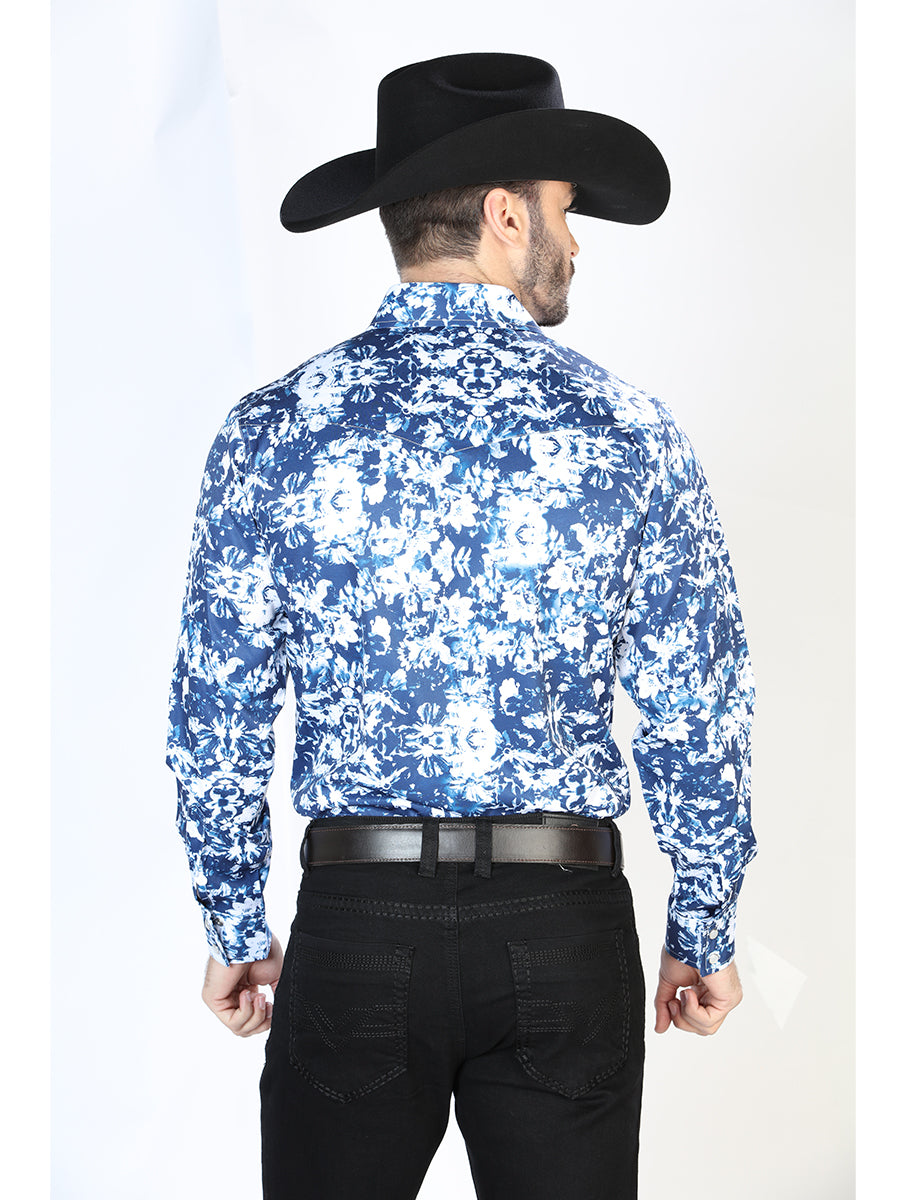 Long Sleeve Denim Shirt with Blue / White Printed Brooches for Men 'The Lord of the Skies' - ID: 44091