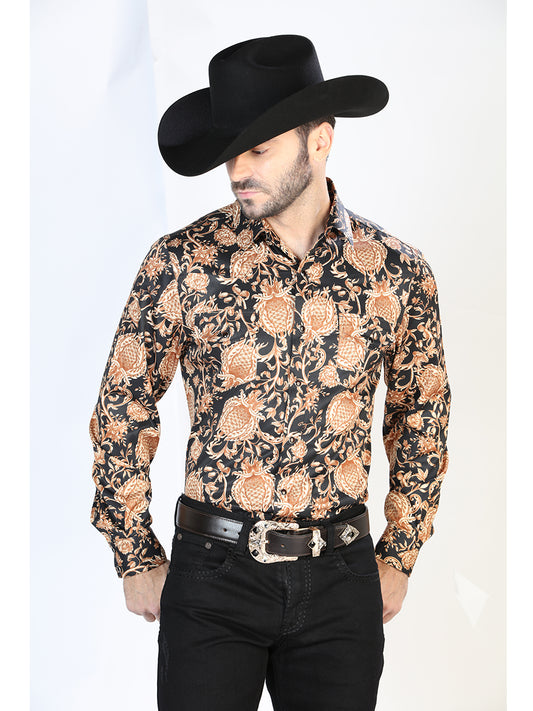 Long Sleeve Denim Shirt with Gold / Black Printed Brooches for Men 'The Lord of the Skies' - ID: 44092