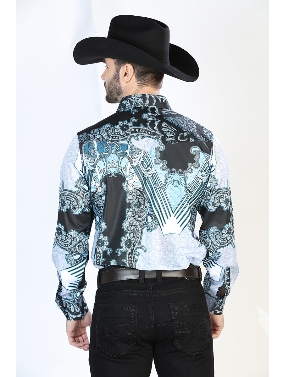 Long Sleeve Denim Shirt with Black / Gray Printed Brooches for Men 'The Lord of the Skies' - ID: 44095