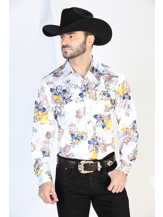 Long Sleeve Denim Shirt with White/Blue Floral Print Brooches for Men 'The Lord of the Skies' - ID: 44097