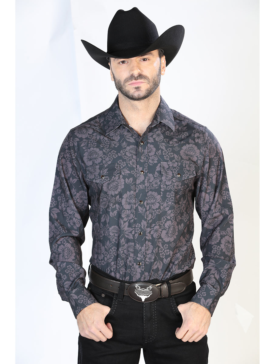 Long Sleeve Denim Shirt with Black Floral Print Brooches for Men 'The Lord of the Skies' - ID: 44100
