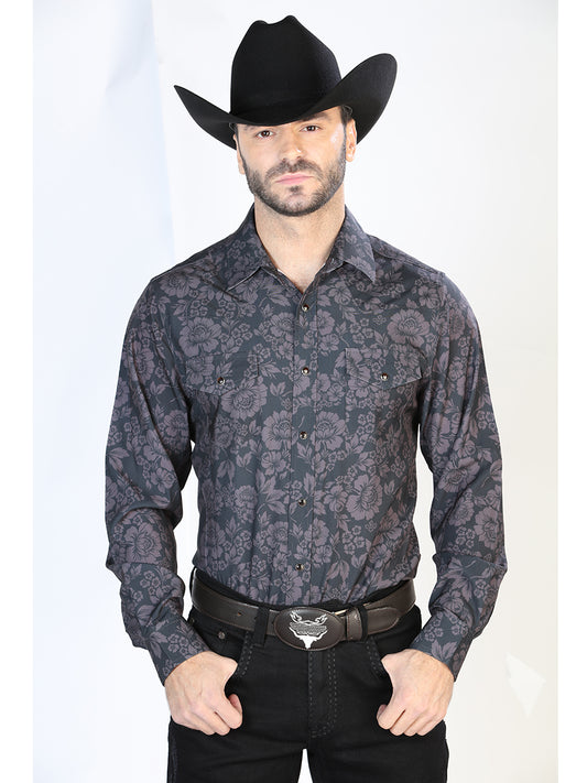Black Floral Printed Long Sleeve Denim Shirt with Brooches for Men 'El Señor de los Cielos' - ID: 44100 Western Shirt El Señor de los Cielos Black