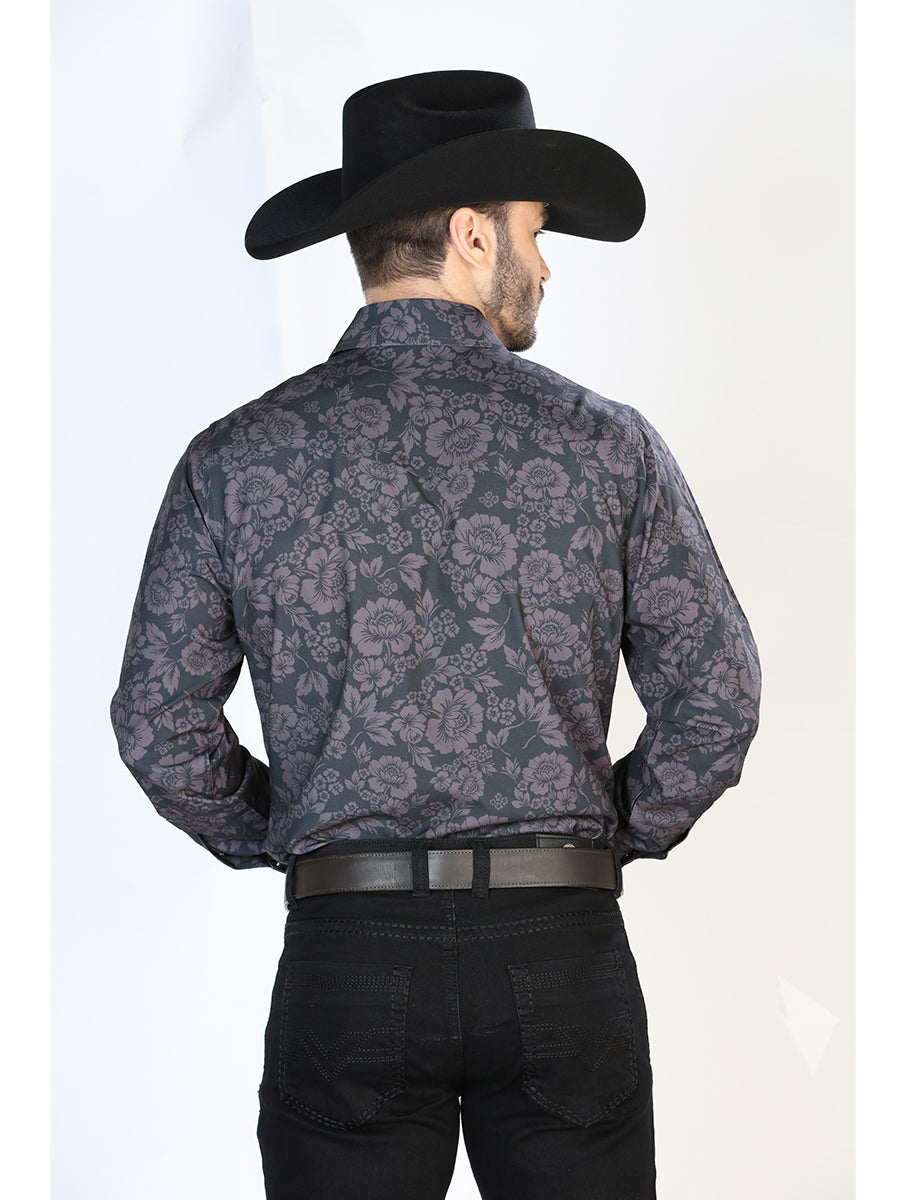 Camisa Vaquera Manga Larga de Broches Estampada Floral Negro para Hombre 'El Señor de los Cielos' - ID: 44100 Western Shirt El Señor de los Cielos 
