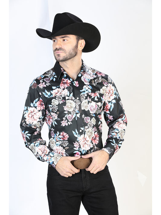 Long Sleeve Denim Shirt with Black/Pink Floral Print Brooches for Men 'The Lord of the Skies' - ID: 44111
