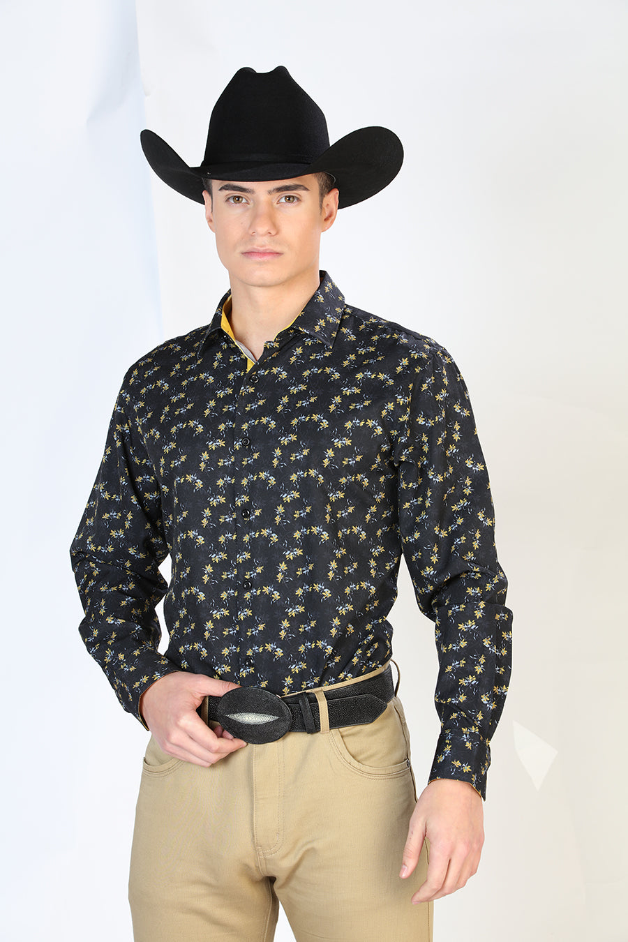 Black Printed Long Sleeve Denim Shirt for Men 'The Lord of the Skies' - ID: 126265