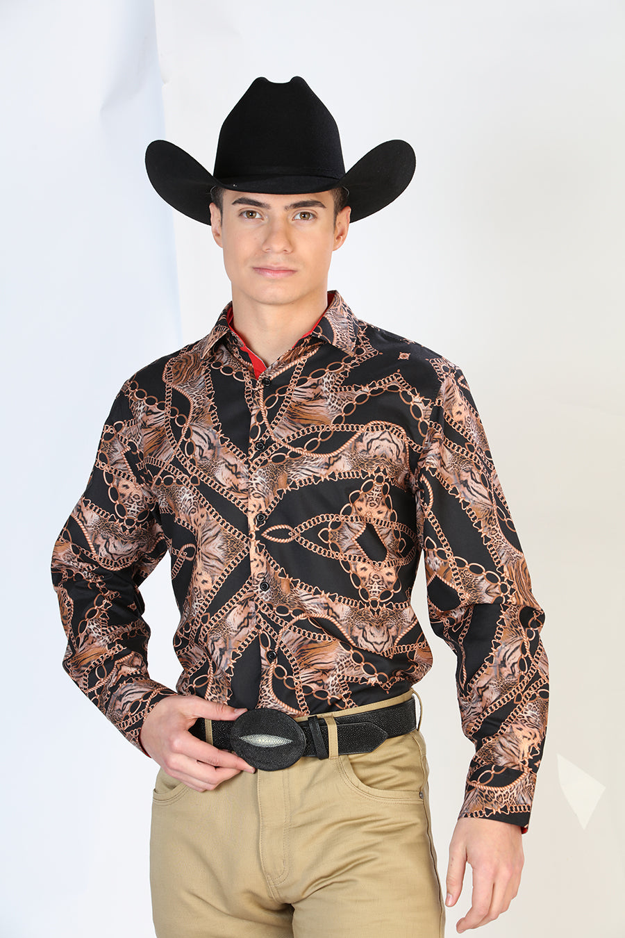 Long Sleeve Denim Shirt Printed Black Chains for Men 'The Lord of the Skies' - ID: 126267