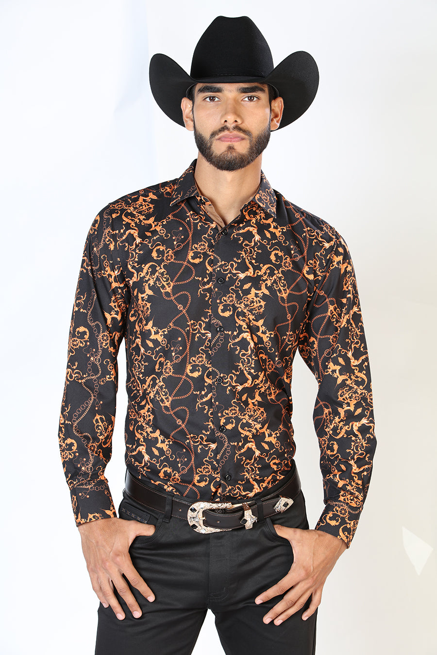 Black Printed Long Sleeve Denim Shirt for Men 'The Lord of the Skies' - ID: 126268