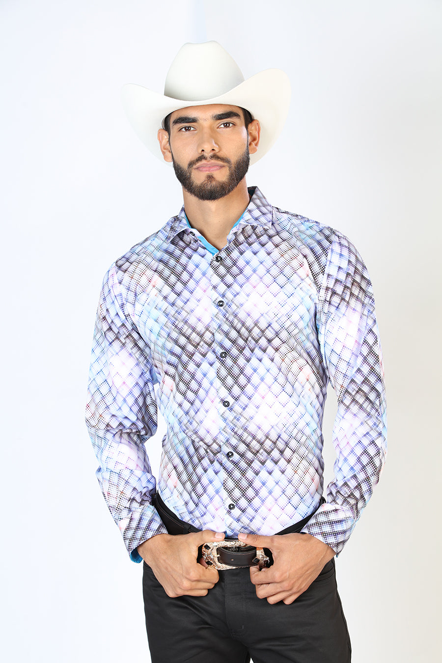 Camisa Vaquera Manga Larga Estampada Blanco para Hombre 'El Señor de los Cielos' - ID: 126269 Camisas Estampadas El Señor de los Cielos White