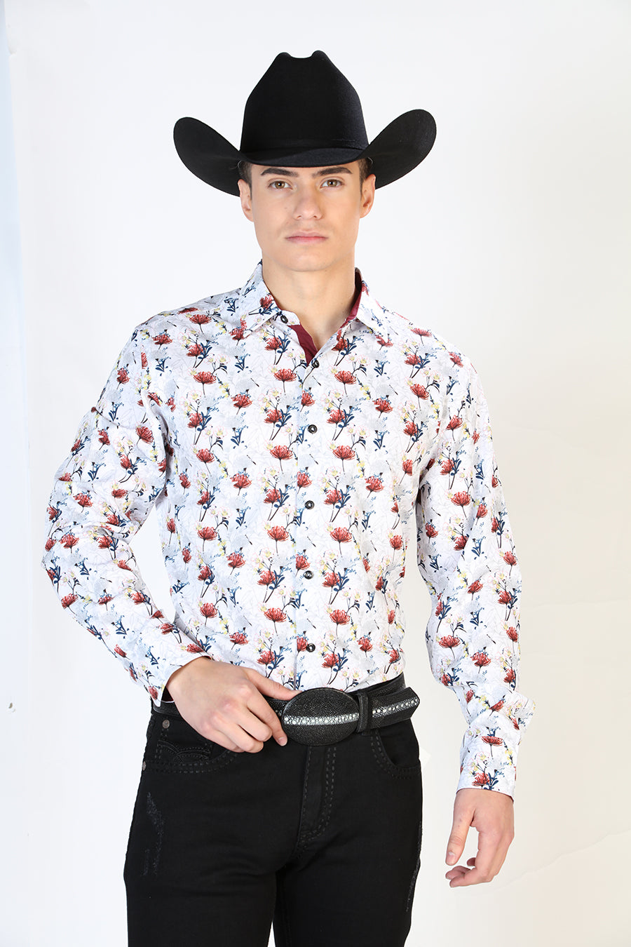 White Printed Long Sleeve Denim Shirt for Men 'The Lord of the Skies' - ID: 126271