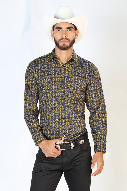 Black/Gold Printed Long Sleeve Denim Shirt for Men 'The Lord of the Skies' - ID: 126273
