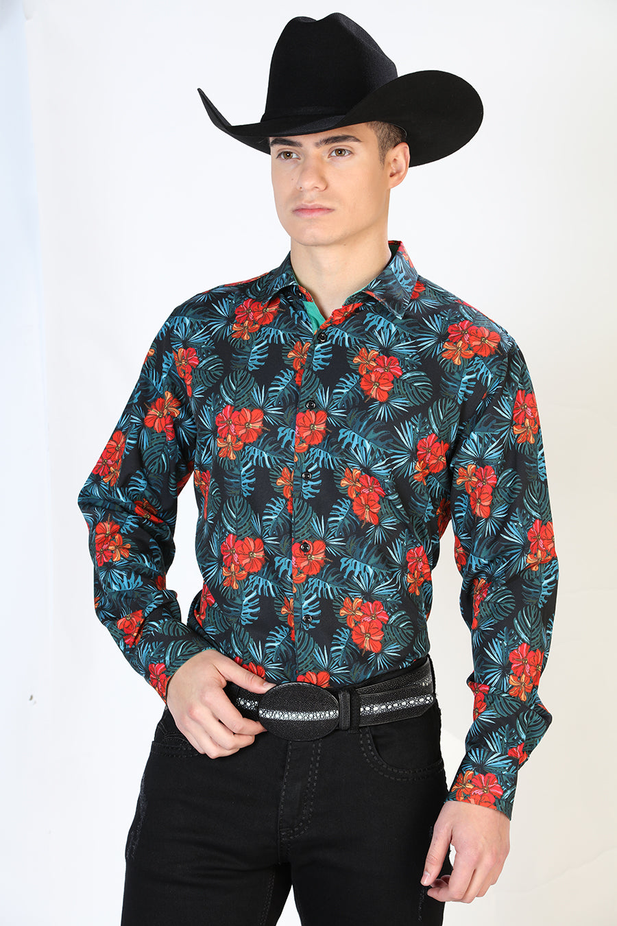Black Floral Print Long Sleeve Denim Shirt for Men 'The Lord of the Skies' - ID: 126276