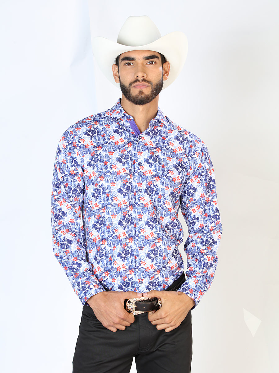 White Floral Print Long Sleeve Denim Shirt for Men 'The Lord of the Skies' - ID: 126278